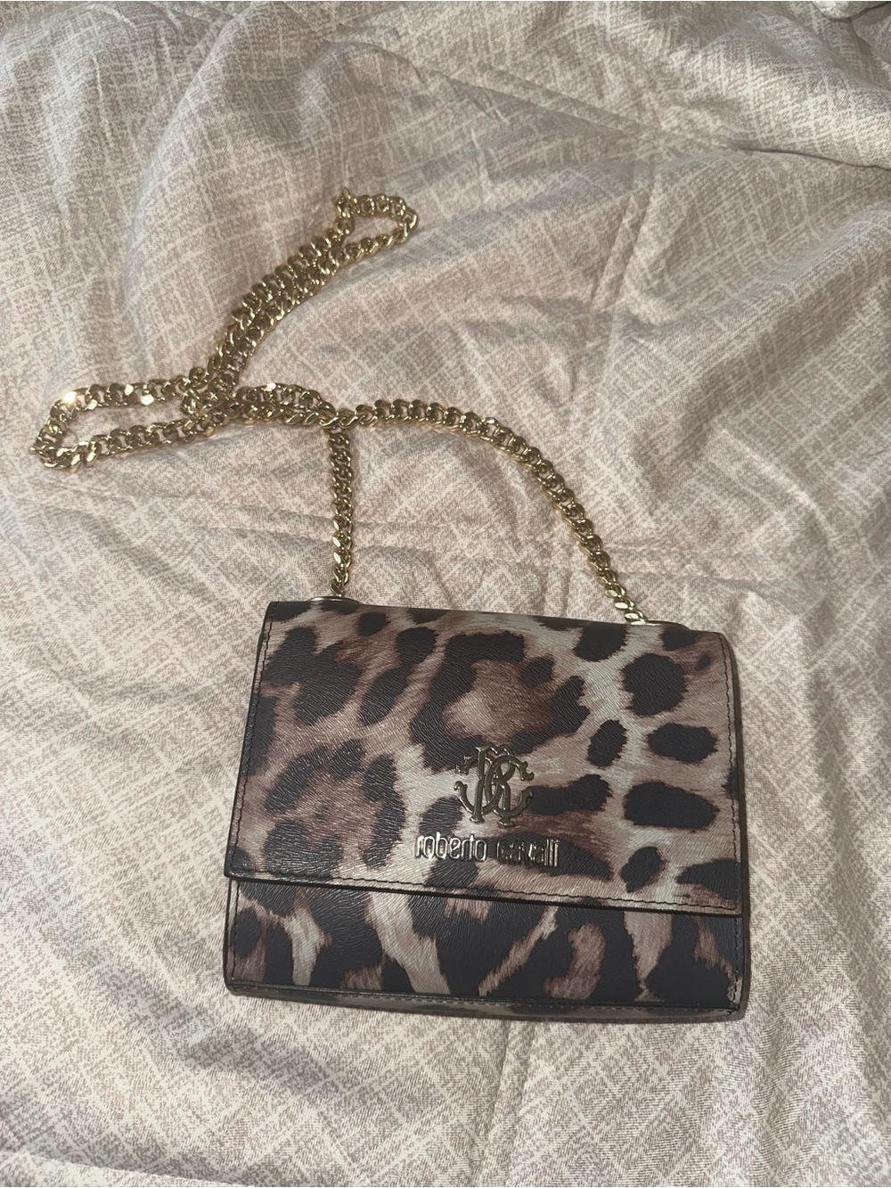 Roberto Cavalli Leopard-Print Crossbody in Brown and Black with Gold Chain